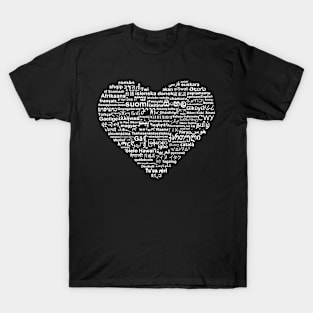 Love of Languages, White on Black T-Shirt